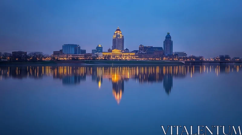 Illuminated City Skyline with Water Reflection AI Image