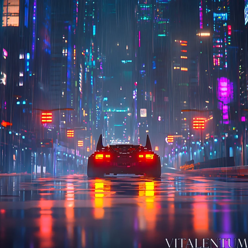 AI ART Sleek Car in Rain-Soaked Neon Future City