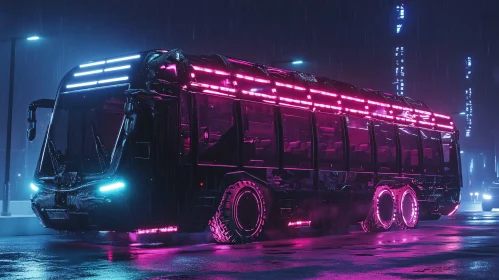 Cyberpunk Bus on Neon-Illuminated Street