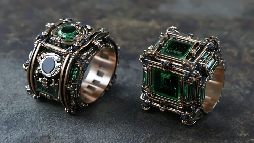 Geometric Metallic Rings with Emerald Inlays