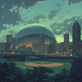 Modern Urban Scene with Dome and Baseball Stadium