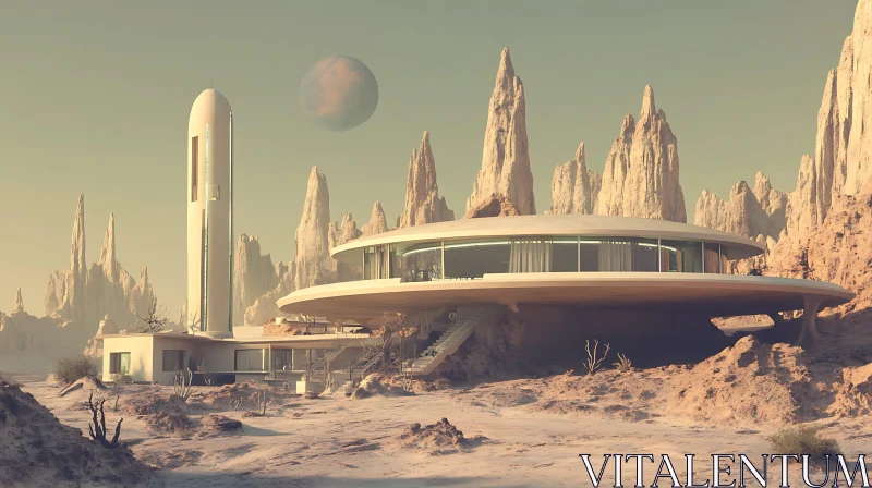 Modern Architectural Structures in Sci-Fi Desert Setting AI Image