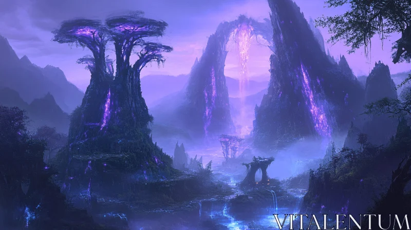 Enchanted Fantasy Mountains with Purple Luminescence AI Image