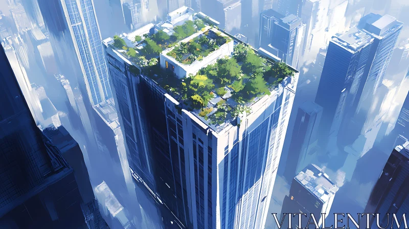 Modern High-Rise with Lush Rooftop Garden AI Image