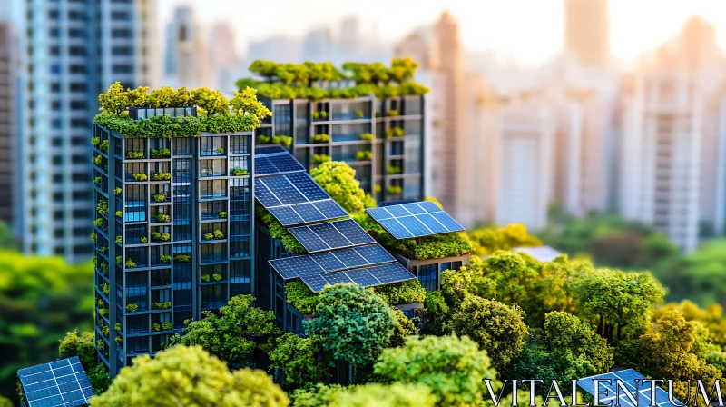 Eco-Friendly Urban Buildings with Greenery and Solar Panels AI Image