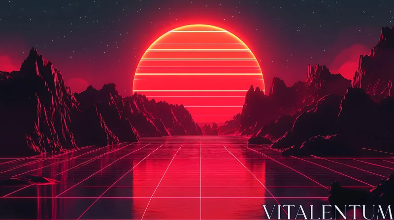 AI ART Neon Grid Sunset in Surreal Landscape