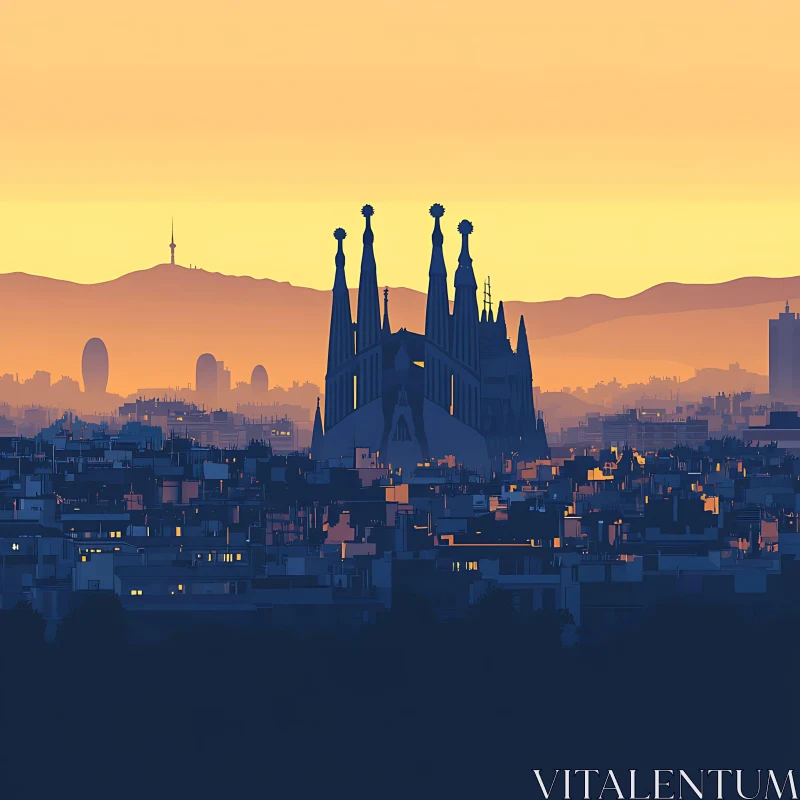 AI ART Sunset City Silhouette with Cathedral