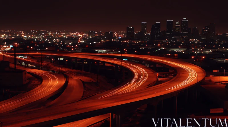 AI ART Urban Night View with Glowing Highways and City Skyline