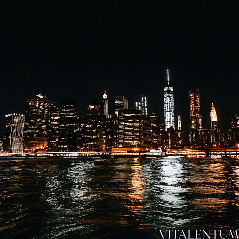 Illuminated Urban Skyline at Night AI Image