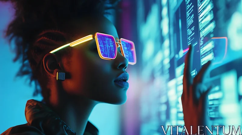 AI ART Cyberpunk Woman in Neon Glasses Handling Virtual Interface