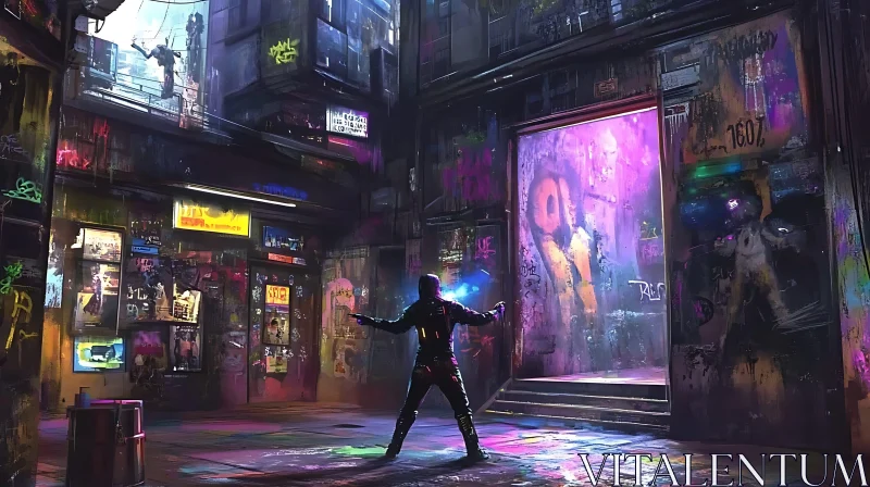 Futuristic City Scene with Neon and Graffiti AI Image