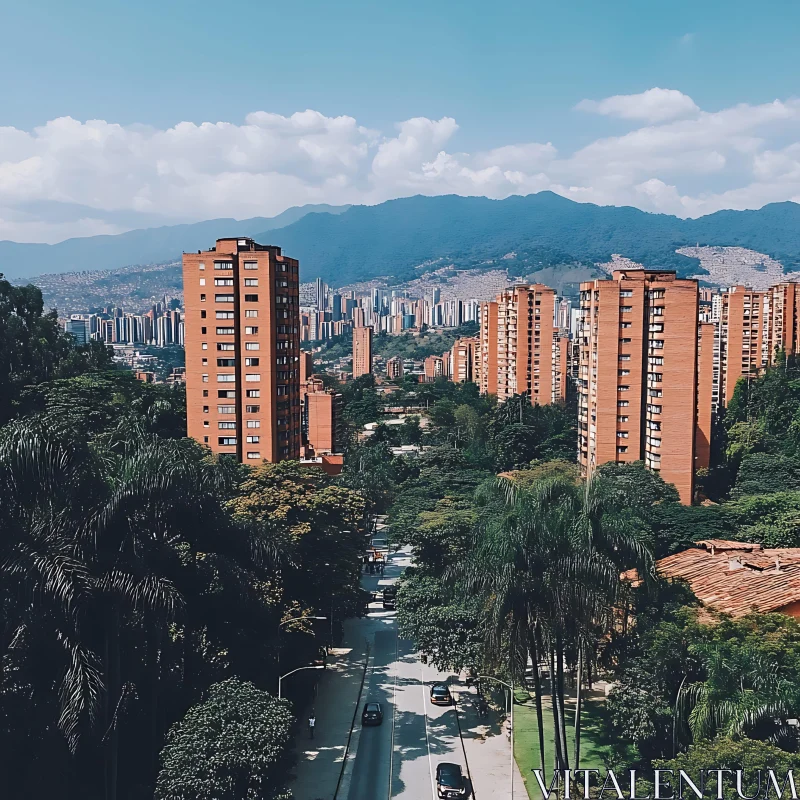 Cityscape with Skyscrapers and Scenic Mountain View AI Image