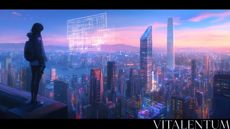 AI ART Cyberpunk Skyline with Holographic Overlays at Sunset