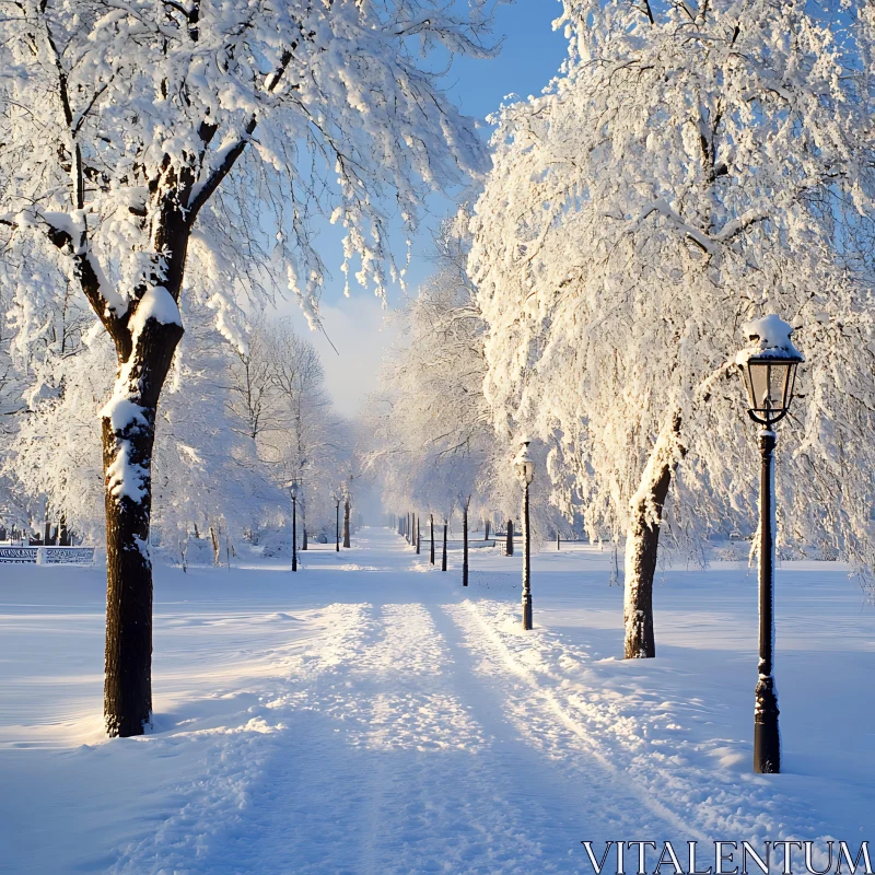 Winter Pathway with Snow-Laden Trees and Lamp Posts AI Image