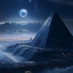 Night View of Futuristic Pyramid and Cityscape