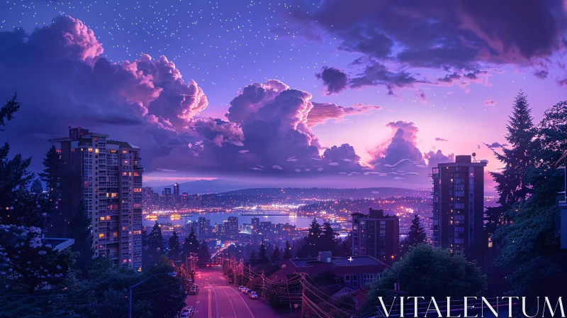 Purple Sky Over City at Twilight with Stars and Lights AI Image