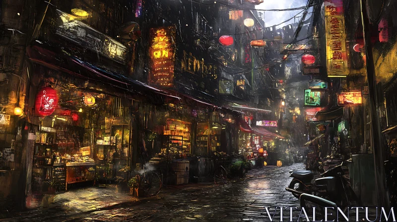 Vivid Urban Scene in Rainy Alley with Shops and Lanterns AI Image