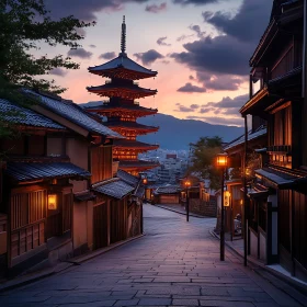 Traditional Japanese Street and Pagoda at Dusk