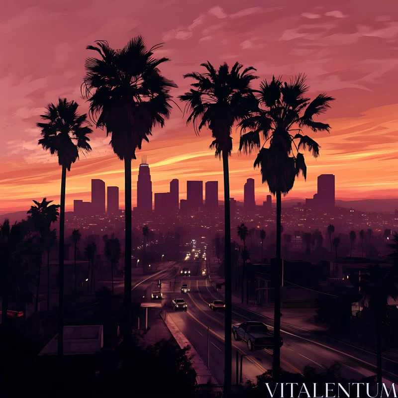 AI ART Sunset City Skyline with Palm Trees