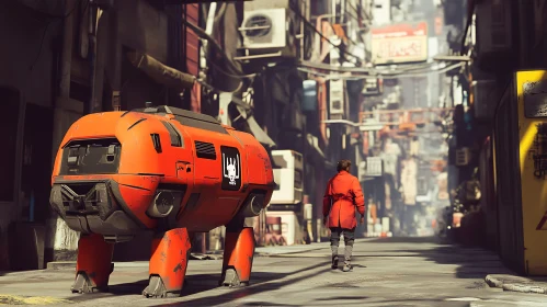 Red Robotic Vehicle in a Futuristic City Alleyway