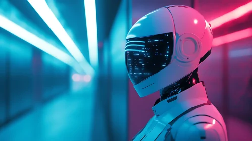 Neon-Illuminated Cyborg in Futuristic Corridor