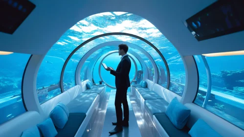 Businessman in Modern Underwater Tunnel