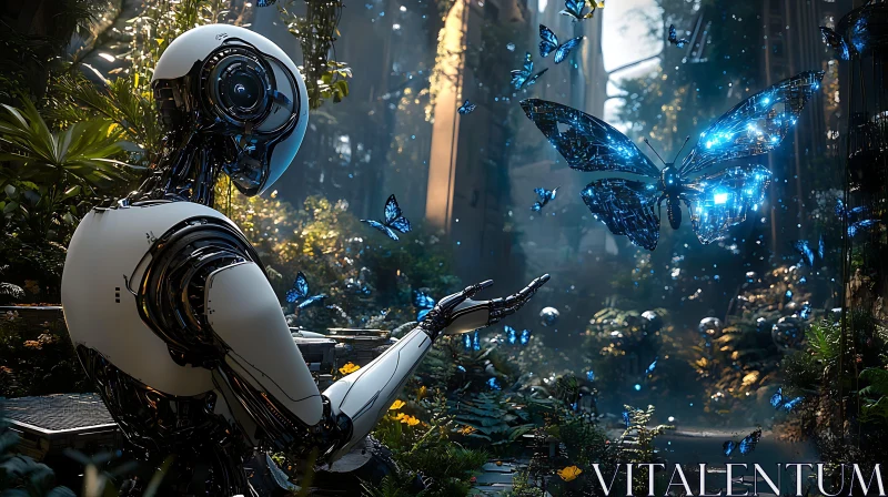 AI ART Futuristic Forest Scene with Robot and Glowing Butterflies