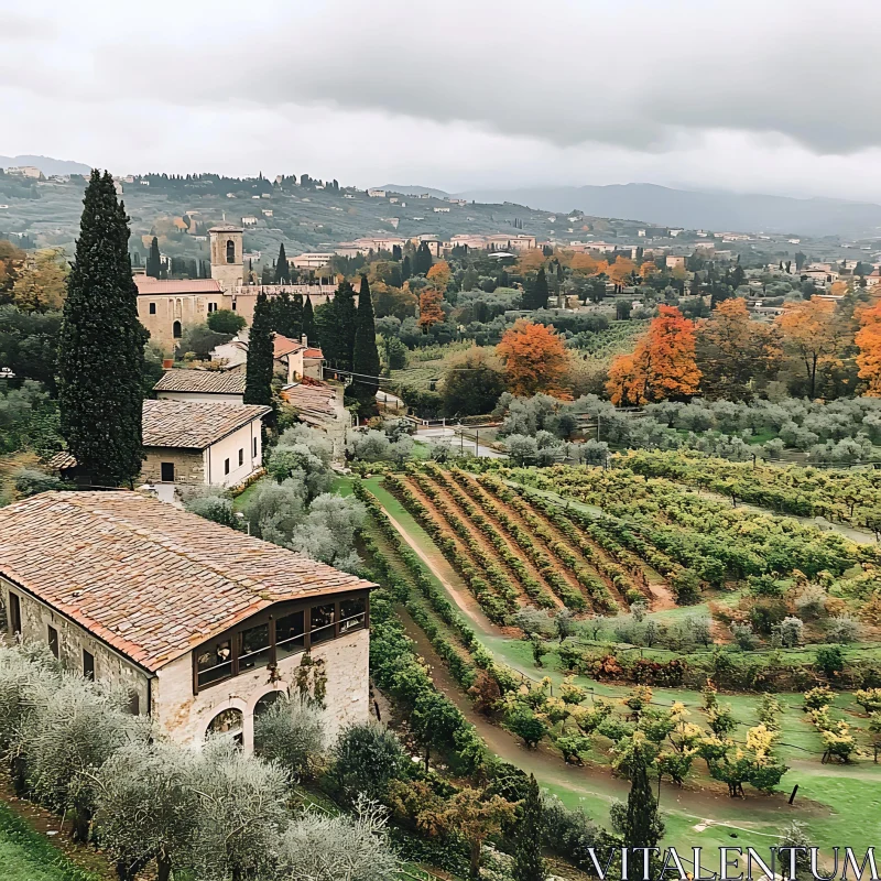 Idyllic Autumn Vineyard Landscape with Rustic Architecture AI Image