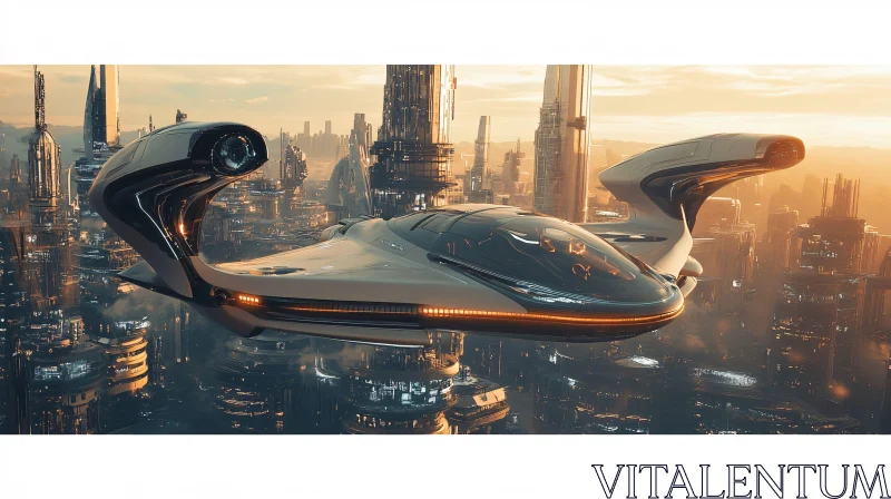 Advanced Flying Vehicle in a Futuristic Sunset City AI Image