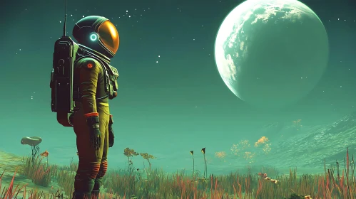 Space Explorer Stands Beneath an Enigmatic Moon