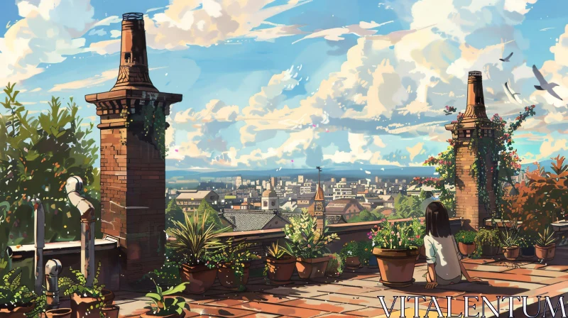 Tranquil Anime Rooftop with Potted Plants AI Image