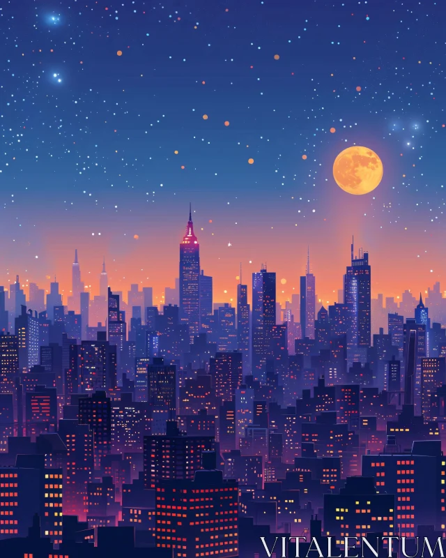 Urban Nightscape with Illuminated Buildings and Full Moon AI Image