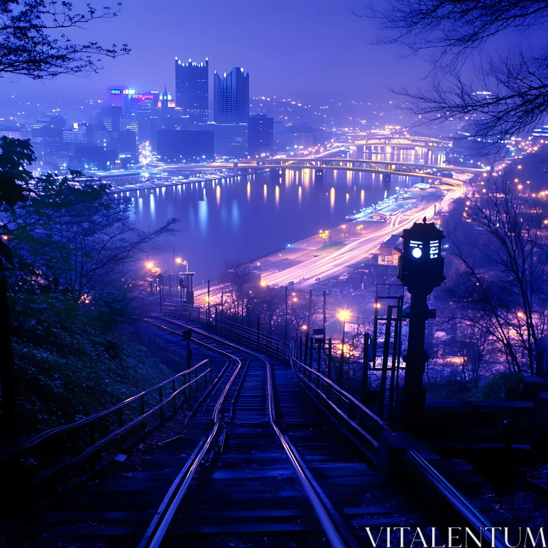 Night Cityscape with Railway and River AI Image