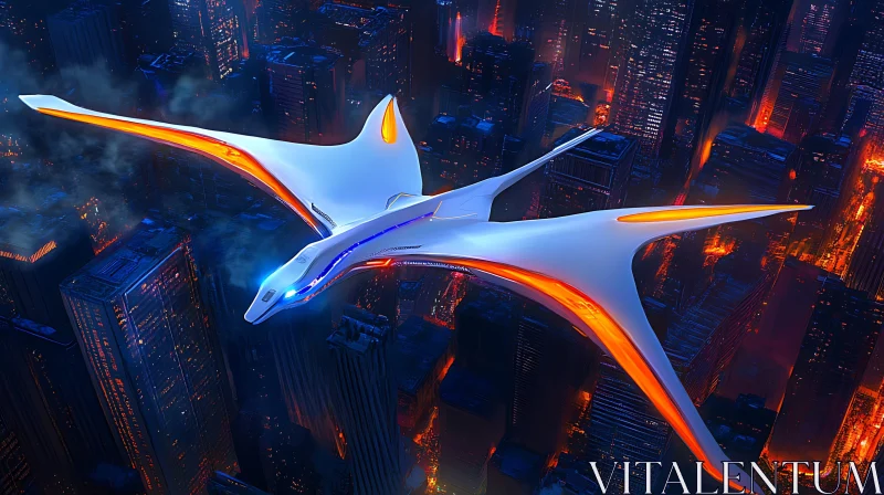 Aerial View of High-Tech Aircraft Over Urban Nightscape AI Image