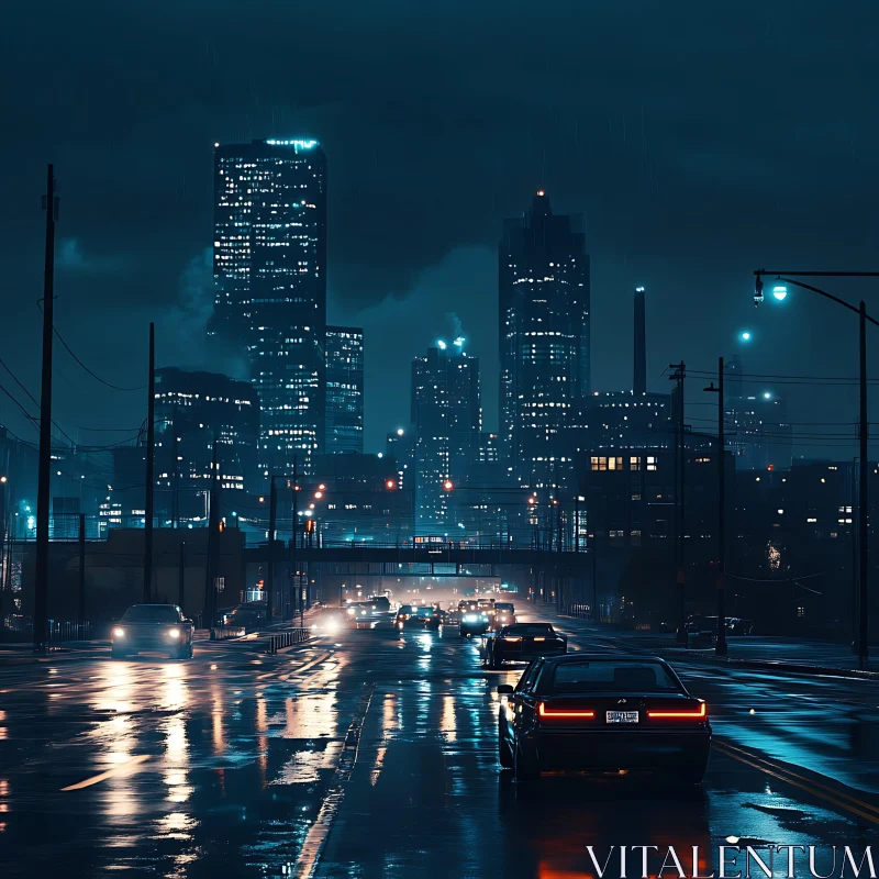 Urban Nightscape: Rainy City Streets and Skyline AI Image