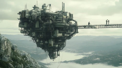 Sci-Fi Floating City in Cloudy Mountains