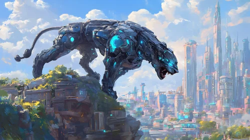 Cybernetic Panther and Futuristic City