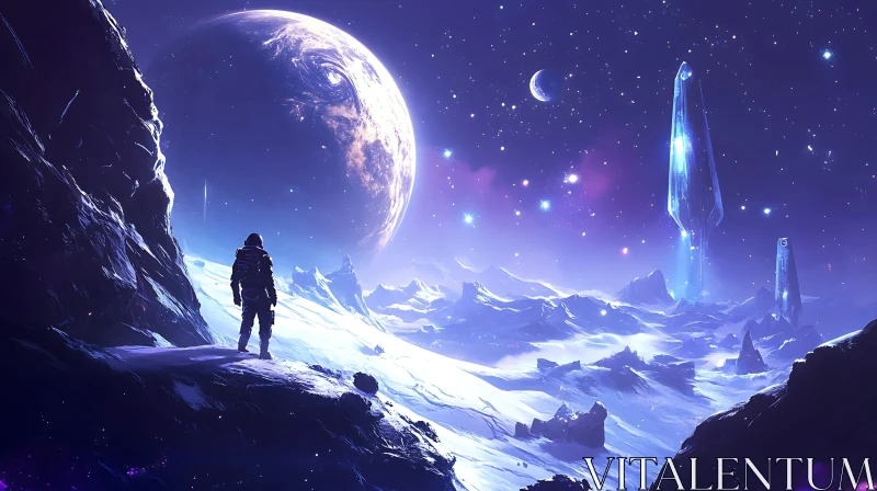 Alien Ice World with Astronaut and Mysterious Structures AI Image