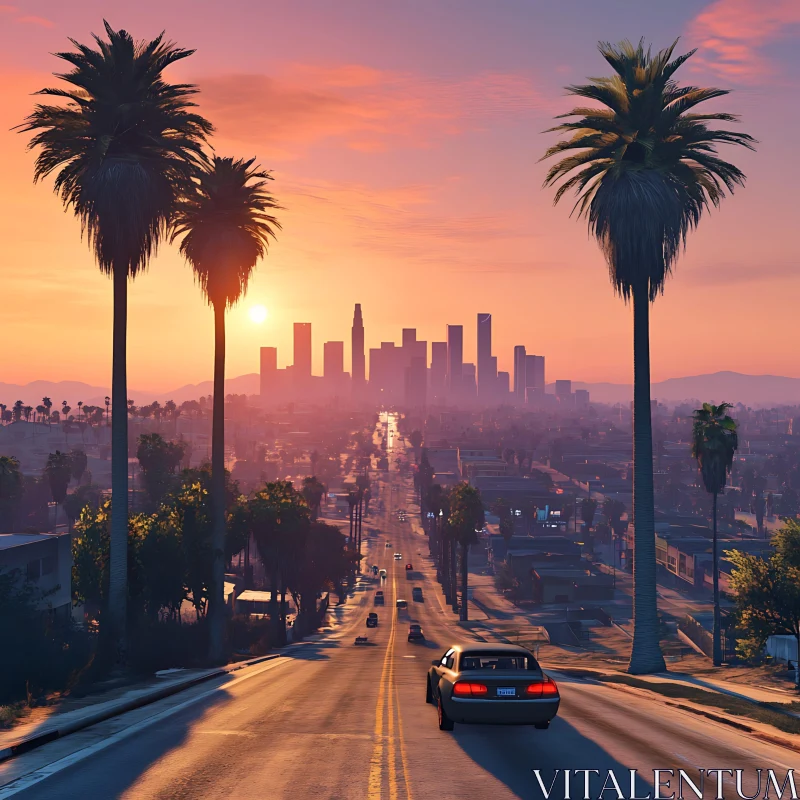 Urban Sunset with Palm Trees and Road AI Image