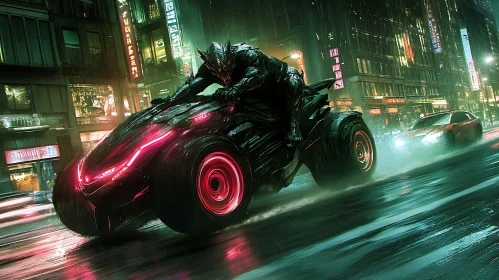 Cinematic Night Scene of Cyborg in Futuristic City