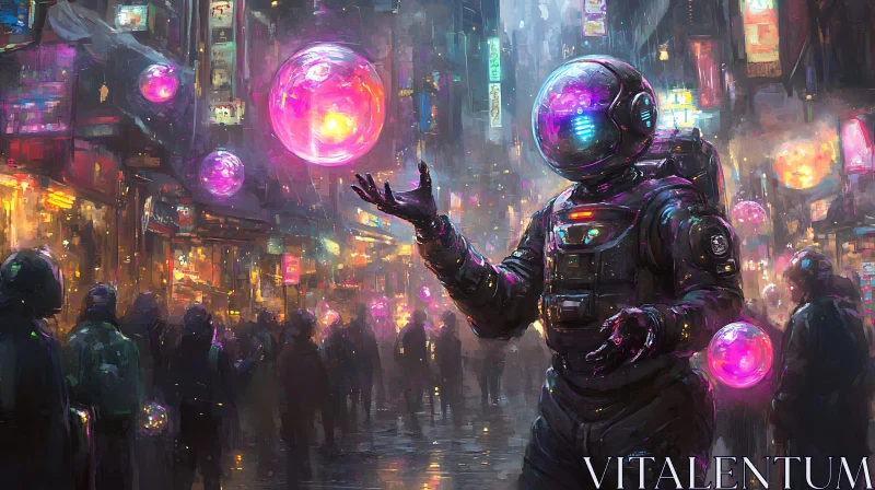 AI ART Astronaut in Neon City with Glowing Spheres