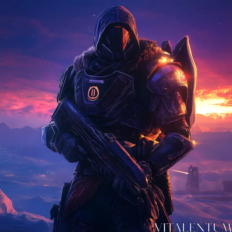 Cyborg Warrior in Sunset Landscape AI Image