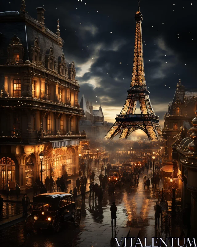 Parisian Night Elegance: Street Lights and Eiffel Tower Glow AI Image