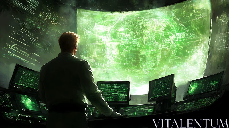 High-Tech Control Room with Glowing Green Screens AI Image