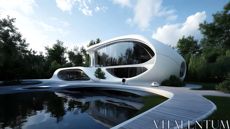 AI ART Futuristic House with Curved Windows and Pond