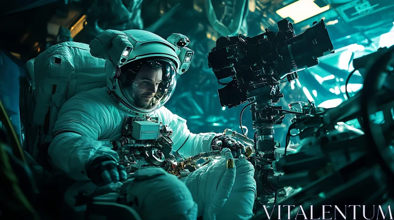 Astronaut in Spacecraft Handling Camera AI Image