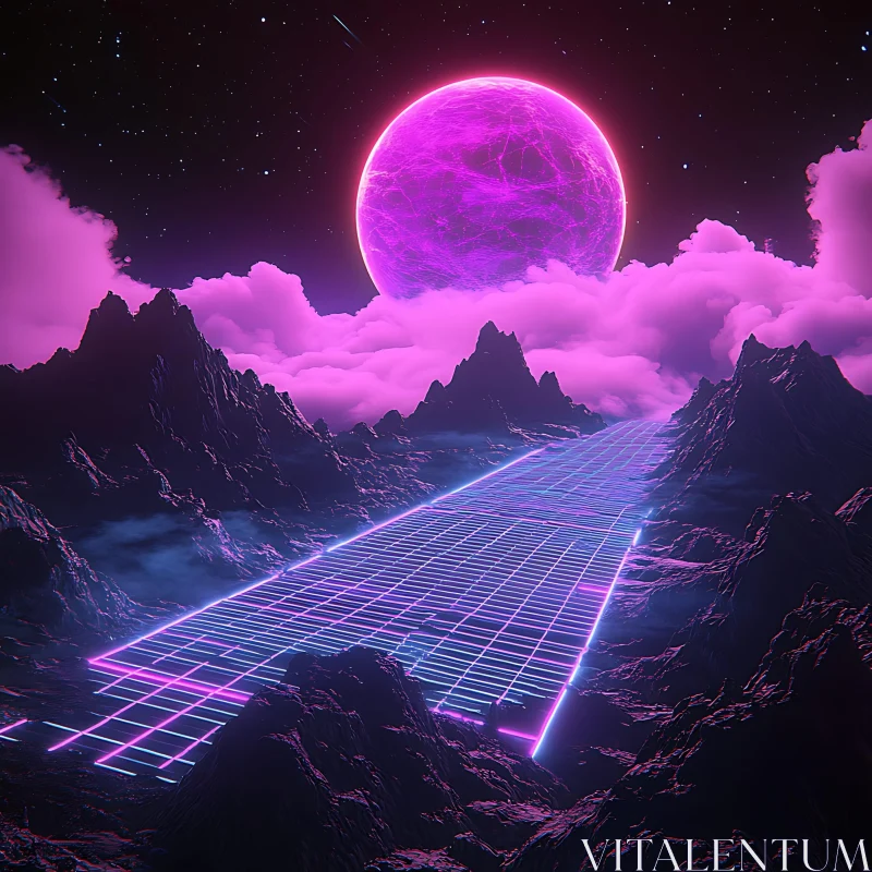 AI ART Neon Path And Glowing Moon In A Futuristic Landscape