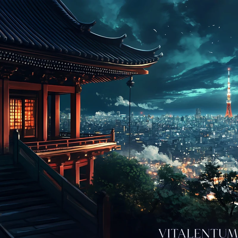 AI ART Japanese Temple Overlooking a Luminous Cityscape at Night