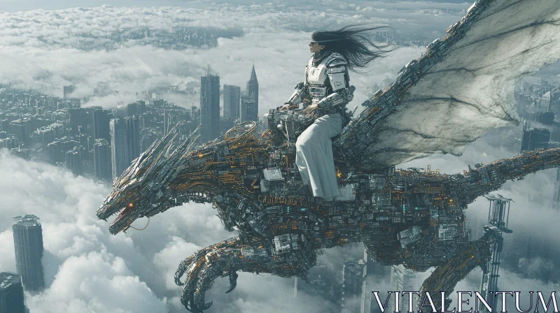 Cyborg Woman on Robotic Dragon Over Cityscape AI Image