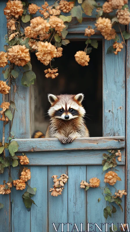 Raccoon in Floral Accented Window AI Image